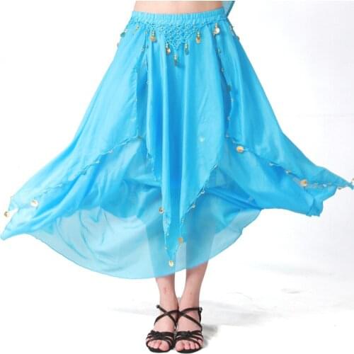 8 Colors Solid Dancewear Women Bollywood Dance Wear Chiffon Indian Skirt Elastic Waist Long Belly Dance Coin Skirts