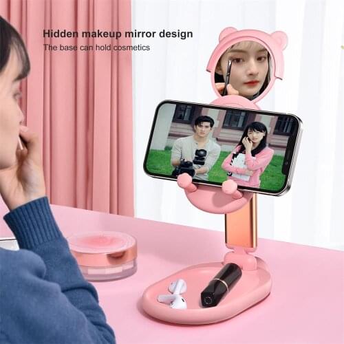 Foldable Phone Holder Stand Kawaii for iPhone Xiaomi Samsung Huawei Desktop Support Telephone with Mirror Socket Tablet Clip