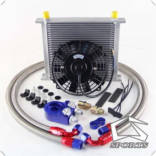 AN10 Universal 34 Row Engine Oil Cooler + Filter Adapter +7" Electric Fan Kit SL