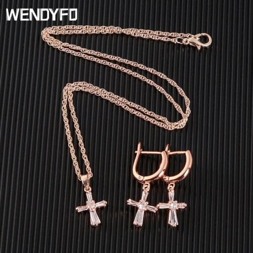 WENDYFO New Cross Long Necklace Women Girls Rose Gold Zircon Chain Necklaces Pendants Religion Christian Fashion Jewelry Gift