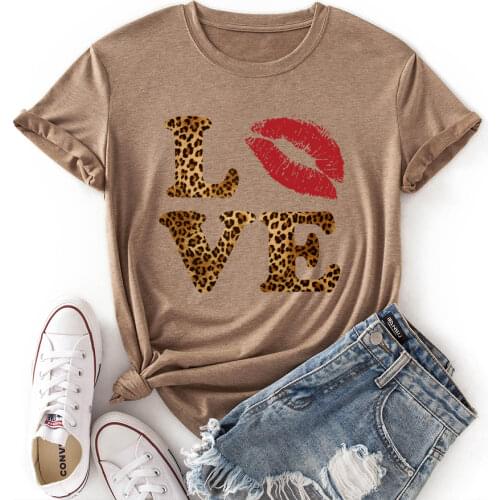 Woman Short Sleeve Colored Graphic Tees Summer T-Shirt Female Tops Shirts for Women Love Leopard Print Letters Red Lips