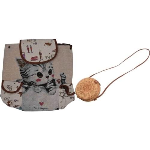 1 Pcs Women Canvas Backpack Cartoon Cat Pattern & 1 Pcs Hand-Woven Bag Round Rattan Messenger Bag
