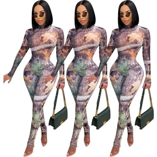 Echoine Fashion stitching Slim Multicolor Printed Zipper Jumpsuit Autumn Ladies Round Neck Long Sleeve Top Pants Bodycon Outfits