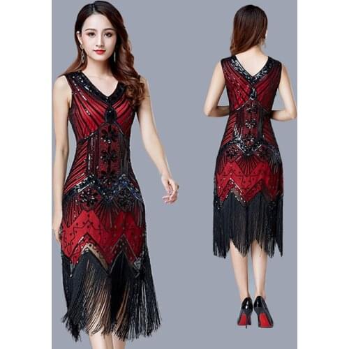 Women Party Dress Robe Femme 1920s Great Gatsby Flapper Sequin Fringe Midi Dress Vestido Summer Art Deco Retro Women Party Dress