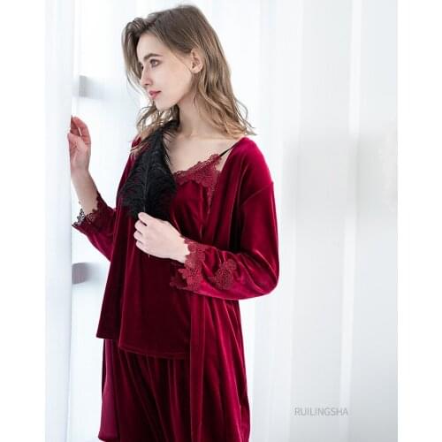 Winter Gold Velvet Pajama Sets Plus Size Sexy Kimone Pajamas For Women Flower Embroidery 4 Pieces Homewear Pijama Couple Pajama