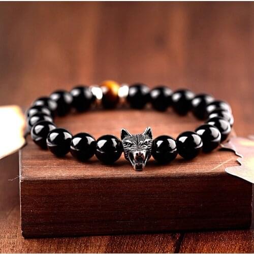 2020 Fashion Silver Color Jackal Copper Charm Men Bracelets Classic 8mm Black&Tiger Eye Stone Beads Bracelet Homme Gift AB372