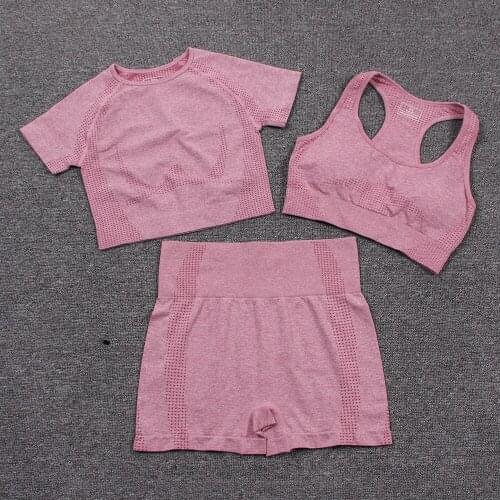3PCS Seamless Yoga Set Women Gym Set Fitness Workout Clothes Sports Bra+Short Sleeve Crop Top+High Waist Gym Shorts Sports Suits