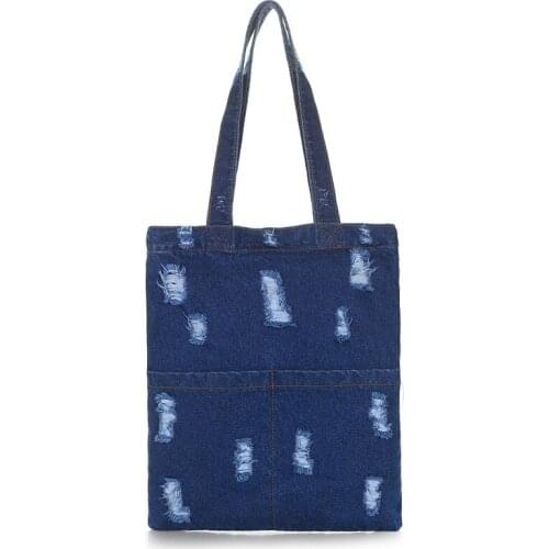 5PCS / LOT Women Shopping Bag Large Capacity Ripped Pure Color Denim Storage Bag Girl Fashion Shoulder Bag