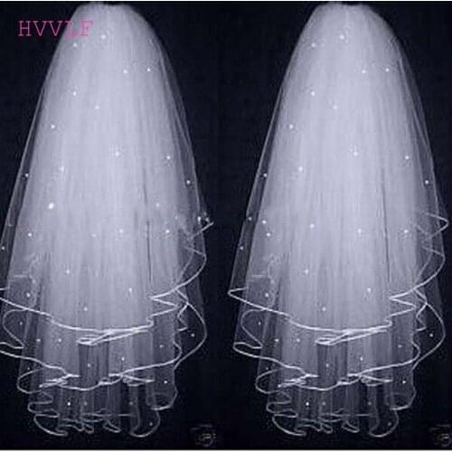 In Stock Cheap Velos de Noiva Three Layers Ribbon Edge Wedding Veil With Pearls White Ivory Short 3 Layers Bridal Veil 2021