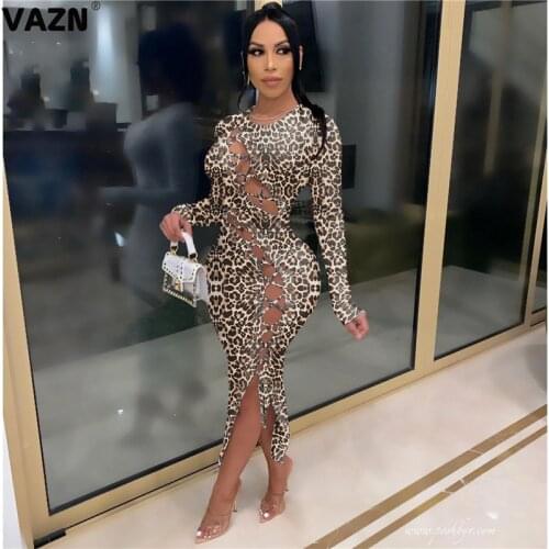VAZN 2020 Hot Sales Leopard Sexy Club Hollow Out Open Cross Bandage Top Full Sleeve Women Thin High Waist Thin Midi Dress