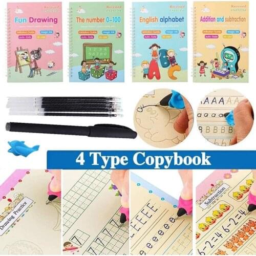 4 Books + Pen Magic Practice Book Free Wiping Childrens Toy Writing Sticker English Copybook For Calligraphy Montessori Toys
