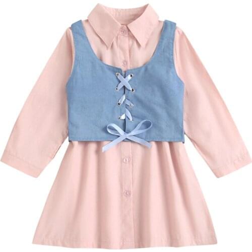 Toddler Baby Girl Clothes Set Childrens Clothing Long Sleeve Button Down Shirt Dress + Solid Denim Vest Casual 2Pcs Fall Outfit