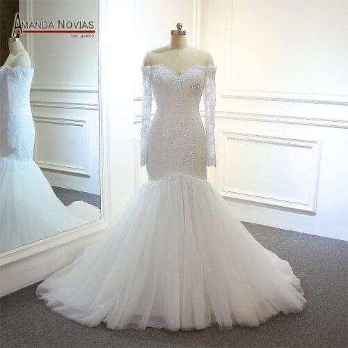 Abito da sposa Boat Neck Long Sleeve Lace Appliqued White Mermaid Wedding Dress