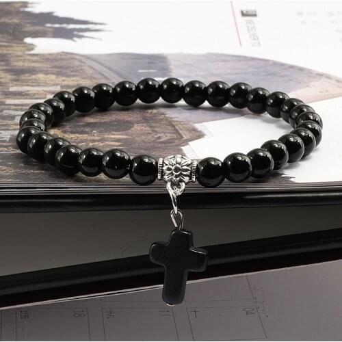 Prayer Bracelet 6MM Onyx Natural Stone Beads Religion Jesus Cross Pedant Bracelets Bangles for Men Women Yoga Friendship Jewelry