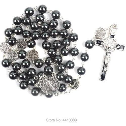 Hematite Bead St Benedict Rosary Necklace For Men