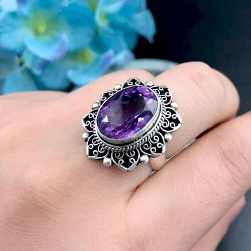 Natural amethyst handmade real pure s925 silver woman ring simple retro jewelry for women birthday gift