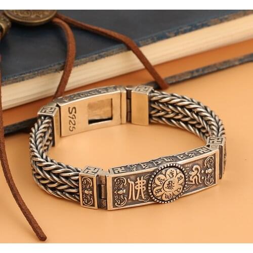 New Silver Bracelet Mens Buddhism Seven-Star Turntable Six-Character Mantra Hand-Woven Chain Ethnic Style Gifts For Women