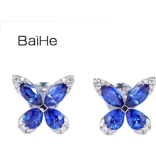 BAIHE Solid 14K White Gold 2ct Natural sapphirs 0.14ct Natural Diamond Fine Jewelry серьги sapphirs Stud Earring for Women