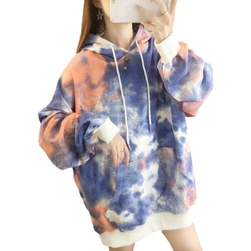 Autumn Winter Womens Oversized Tie-dye Sweatshirts Femme Fashion Drop Shoulder Hoodies Pocket Long Sleeve Casual Streetwear Tops