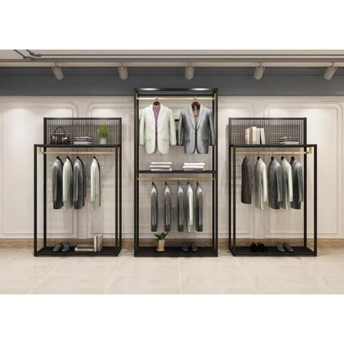 Clothing store hanger display rack floor type mens clothing shelf display clothes rack gold hanger