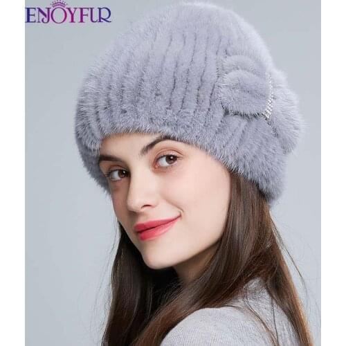 ENJOYFUR womens winter mink fur hats real natural mink knitted fur cap fashion bow rhinestone thick Russia female dome beanies