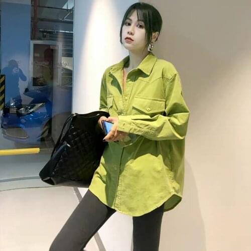 2021 Spring Autumn Women Korean Retro Loose Green Corduroy Shirt Long Sleeve Turn-down Collar Single-breasted Blouse Blusa Y672