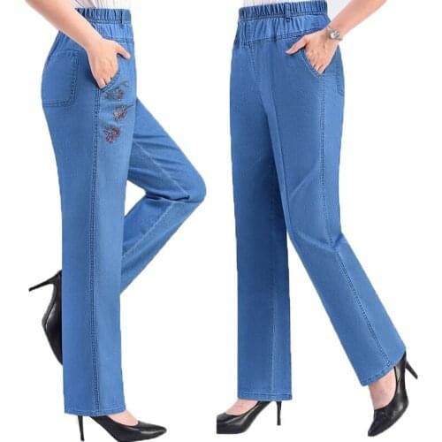 Womens Denim Trousers Elasticity Cowboy Trousers Spring Summer Thin Large size Middle-aged Mom Elastic Waist Straight Trousers