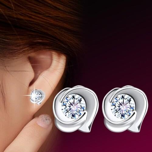 Womens New Fashion Silver Plated Rose Zircon Earrings Advanced Crystal Hypoallergenic Anti-fading Wild Personality Earrings