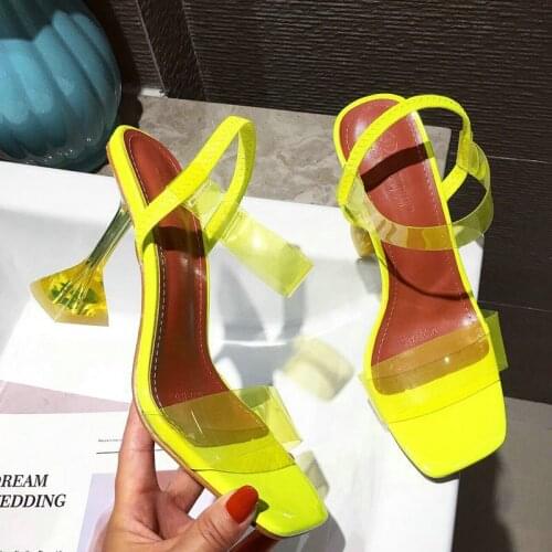 Women Fluorescent Color Sandals Transparent PVC High Heels Shoes Woman Star Style Ankle Strap Gladiator Sandals Women Shoe