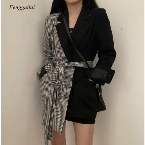 New Style Autumn Design Split Joint Lattice Irregular Blazers Chalaza High Waist Long Fund Loose Coat Woman