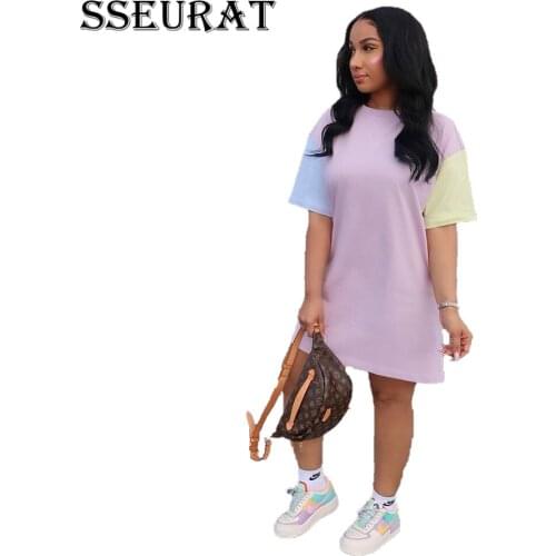 SSEURAT Women Mini Dress Solid Patchwork Short Sleeve O-neck Loose Dresses Fashion Streetwear Summer