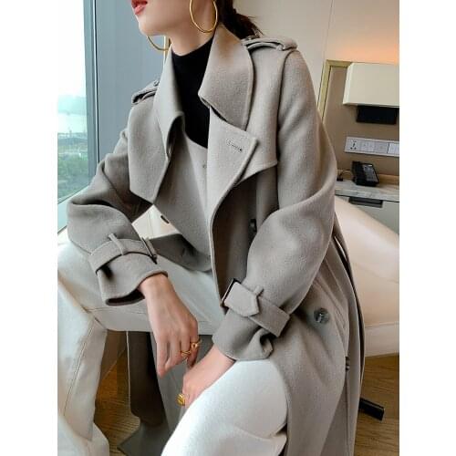 Elephant grey cashmere double faced tweed womens coat 2021 winter new long wool tweed temperament lace up coat