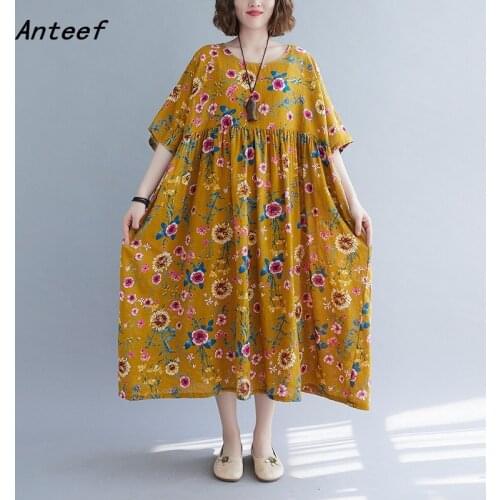 Short sleeve cotton vintage floral dresses for women casual loose long woman summer dress elegant clothes 2021
