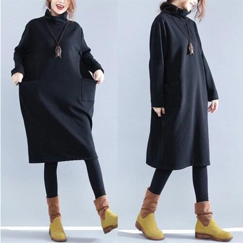 Woman Winter Thick Hoodie Dress 2020 Autumn Casual Loose Solid Color Dress Ladies Fashion Full Sleeves Turtleneck Dress Girls
