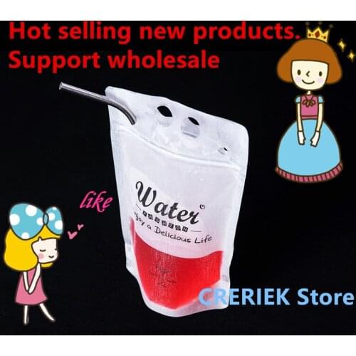 100pcs 450 ml New Design Plastic Drink Packaging Bag Pouch for Beverage Juice Milk Coffee, with Handle and Holes for Straw