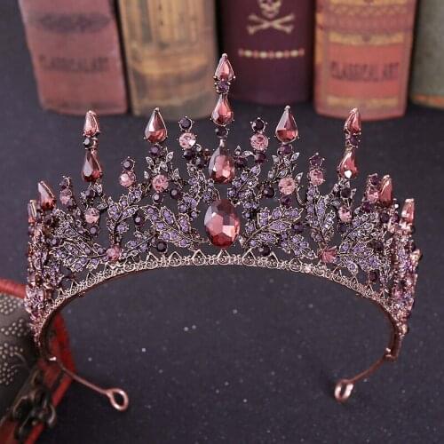 Big Vintage Hair Jewelry Purple Crystal Baroque Bridal Diadem Luxury Rhinestone Women Crown And Tiara For Wedding Party