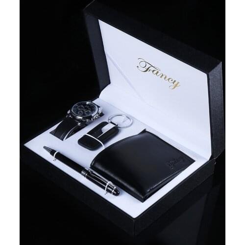 4PCS Luxury Gift Sets Watch Men Black Leather Belt Keychain Pen Wrist Watches Fashion Business Top Quality Box For Men Gifts Set