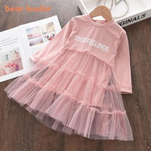 Bear Leader Kids Girls Mesh Patchwork Dresses New Fashion Baby Girl Letter Print Costume Korean Style Cute Princess Clothes 3-7Y