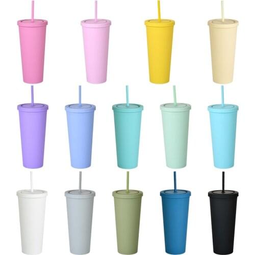 700ML Solid Color Double-Layer Plastic Straw Cup Can Be Customized Printing Cone Frosted Water Cup Outdoor Sports Cup
