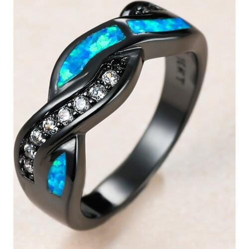 Classic Female Blue Opal Stone Ring Charm 14KT Black Gold Wedding Rings For Women Luxury Bride Crystal Geometry Engagement Ring