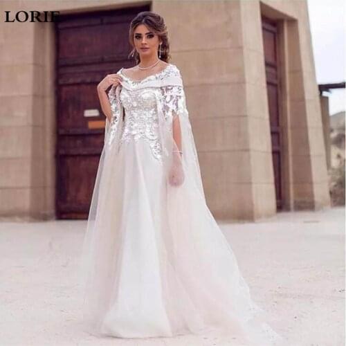 LORIE Lace Wedding Dresses A Line 3D Flower Appliques Arabic Bridal Gowns Dubai Sweep Train A Line Beaded Wedding Gowns