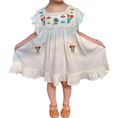 Girls Summer Dress Embroidered Flower Flying Sleeve Summer Vest Type Square Collar Ruffles Dress Girls Casual Dresses
