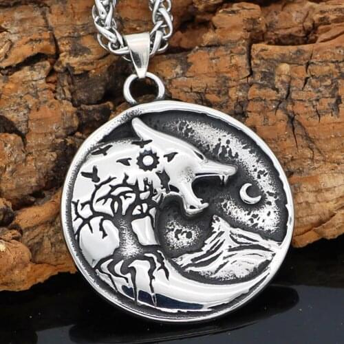 Men Viking Stainless steel Wolf Yggdrasil Raven Helm Of Awe Wolf Necklace with Valknut gift bag