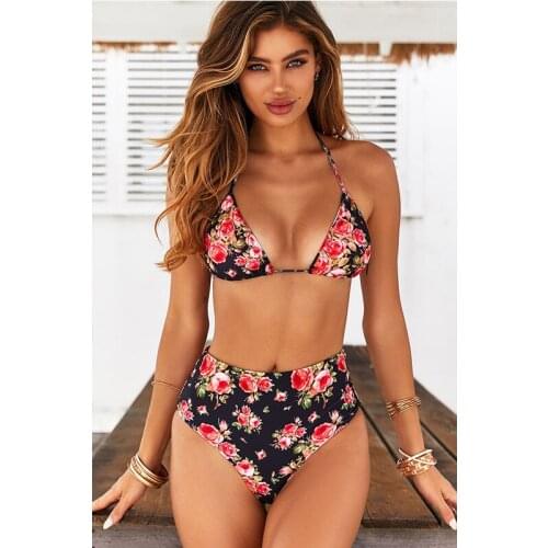 2021 New Floral High Waisted Swimsuit Women Swimwear Vintage Flowers Bikinis Sets Push Up Beachwear Female Bathing Suits Biquini