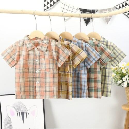 2021 New Toddler Boys Shirts Short Sleeve Plaid Shirt For Kids Summer New Children Clothes Casual Cotton Shirts Tops