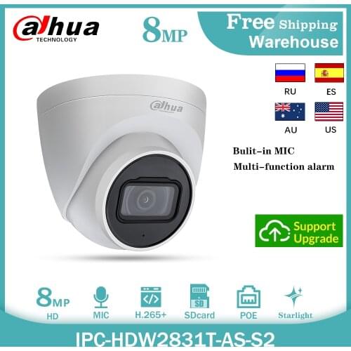 Dahua 4K 8MP IP Camera IPC-HDW2831T-AS POE Onvif Built-in MiC SD Card H.265+ IP67 IVS Starlight CCTV Outdoor Video Dome Camera