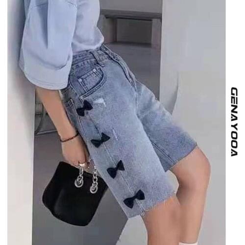 Genayooa Summer Jeans Shorts Women Hight Waist Streetwear Biker Shorts Women Fashion Loose Bow Hot Pants Femme 2021 Korean Chic