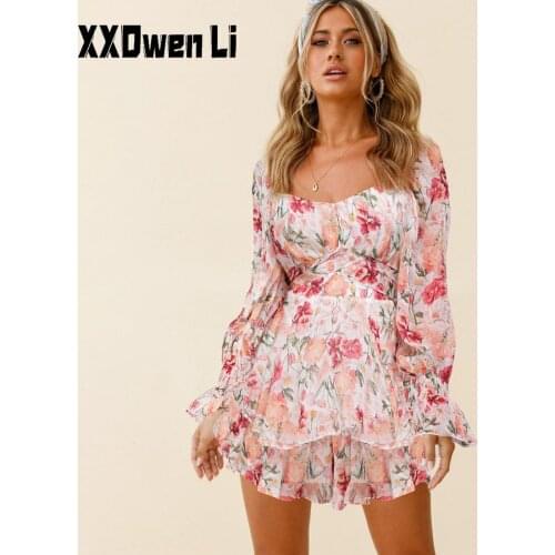 Womens Chiffon Long Sleeves Jumpsuit Lace Up Ruffle Floral Print Romper Female Playsuit 2021 Ladies Sexy Square Collar Jumpsuit