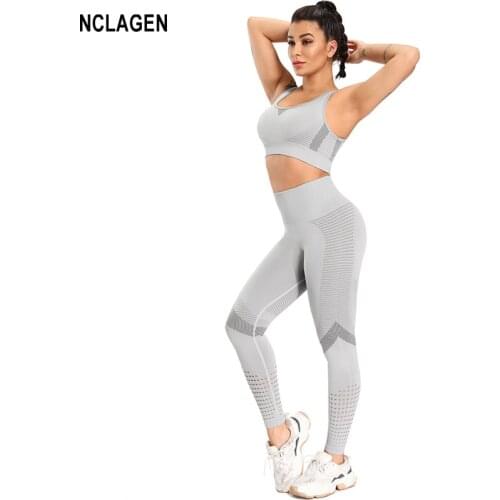 Seamless Yoga Suit Women 2 Piece Gym Set Bra Slim Knit Jacquard Sportwear Fitness Leggings And Top Sport Outfit Workout Clothes
