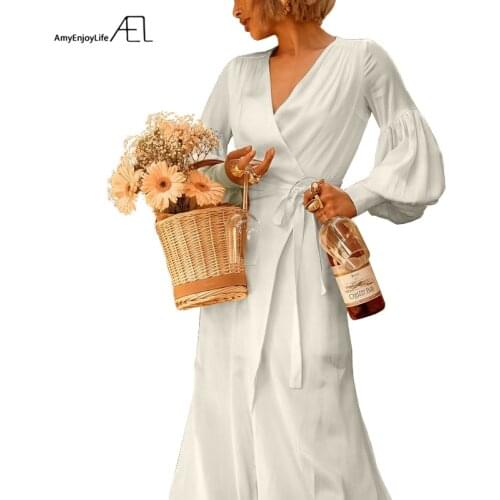 AEL Female Long Dress Retro Bishop Sleeve High Waist Elegant Fairy Dresses Women 2019 Summer V Neck Sexy Fashion Street Wear